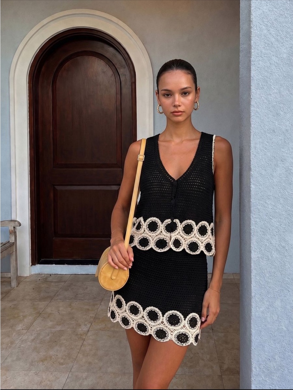 Commense Black Crochet Lace Trim Sleeveless Vest & Mini Skirt Set